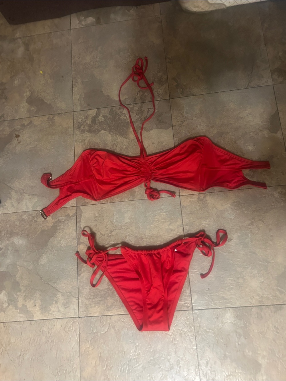 Women’s Red Tie-Side Bikini Set with Ruched Bandeau Top size medium M